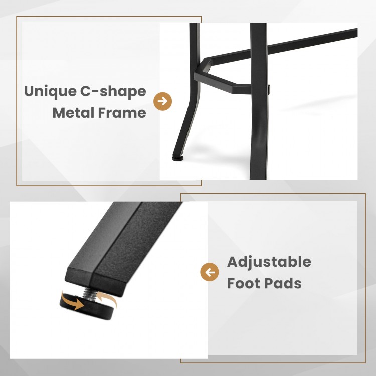 Close-up of the adjustable foot pad and unique C-shape metal frame of the narrow end side sofa table in rustic brown.